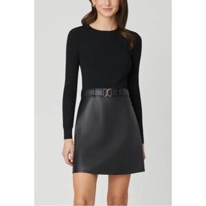Shoshanna Brayden Ribbed Knit & Faux Leather Mini Dress in Jet (Black)